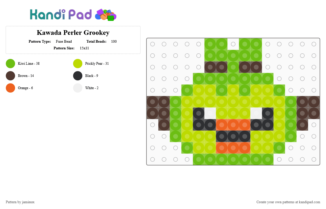 Kawada Perler Grookey - Fuse Bead Pattern by jaminux on Kandi Pad - green,small,pokemon,pkmn