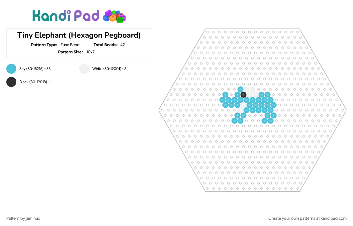 Tiny Elephant (Hexagon Pegboard) - Fuse Bead Pattern by jaminux on Kandi Pad - animal, blue, easy, fuse beads, light blue, nature, perler, small