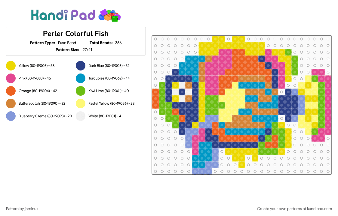 Perler Colorful Fish - Fuse Bead Pattern by jaminux on Kandi Pad - animal, aquatic, colourful, cute, fuse beads, light blue, nature, orange, sea life, trippy, yellow