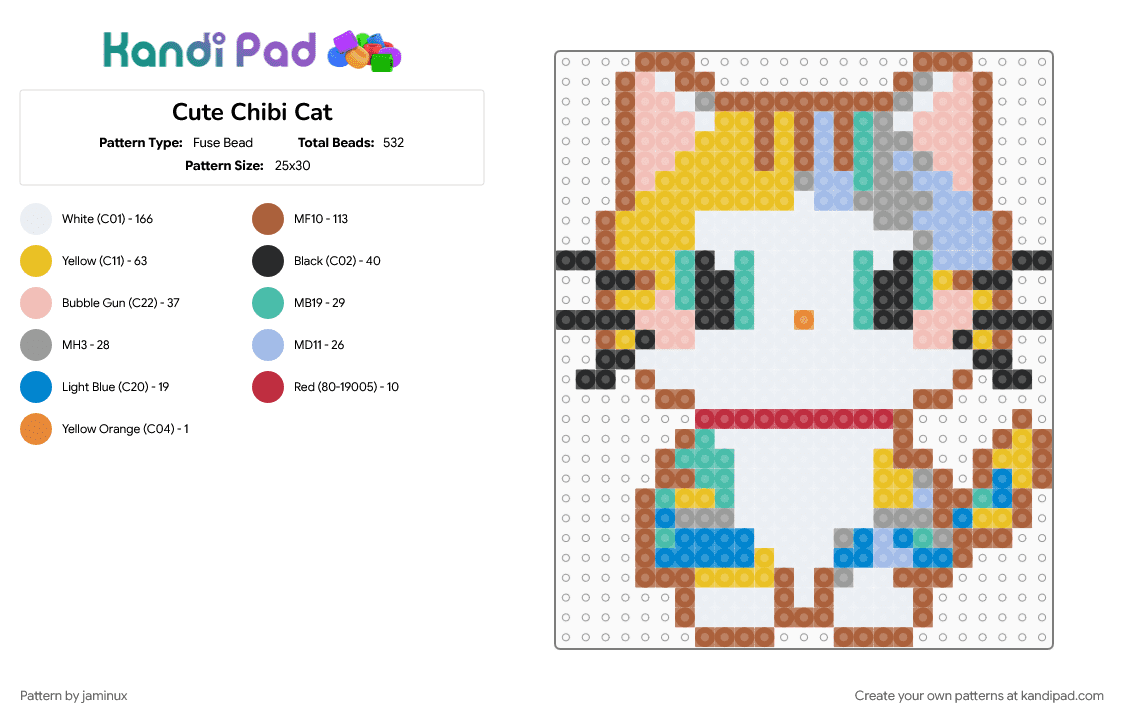 Cute Chibi Cat - Fuse Bead Pattern by jaminux on Kandi Pad - animal, beige, calico, colorful, fuse bead, kitten, kitty, mini fuse beads, perler, red, yellow