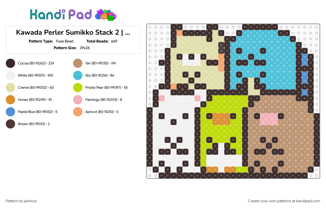 Kawada Perler Sumikko Stack 2 | Tokage, Tonkatsu, Shirokuma, Penguin? - Fuse Bead Pattern by jaminux on Kandi Pad - beige, brown, character, cute, fuse bead, kawaii, light blue, pastel, san x, sumikko gurashi