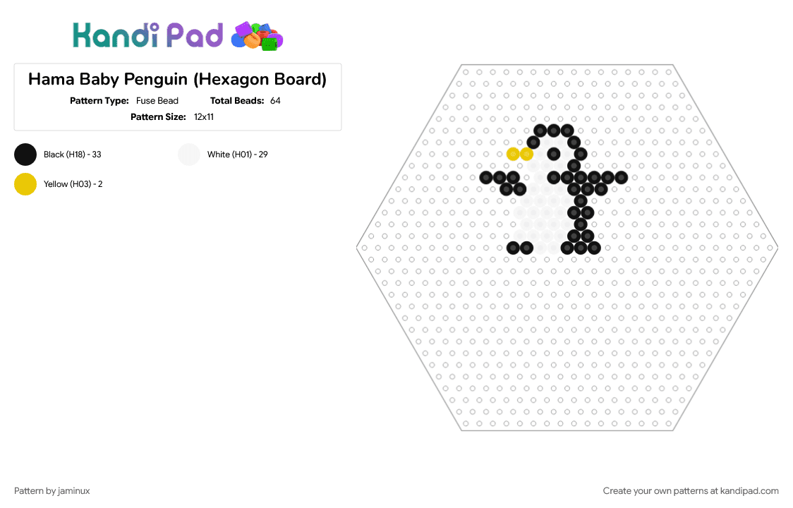Hama Baby Penguin (Hexagon Board) - Fuse Bead Pattern by jaminux on Kandi Pad - animal, arctic, black, easy, fuse bead, nature, perler, simple, white
