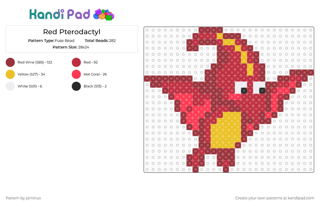Red Pterodactyl - Fuse Bead Pattern by jaminux on Kandi Pad - dino, dinos, dinosaur, red