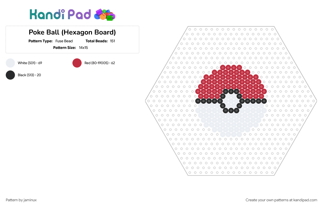Poke Ball (Hexagon Board) - Fuse Bead Pattern by jaminux on Kandi Pad - fuse bead, gaming, perler, pokeball, pokemon, red, simple, video game, white