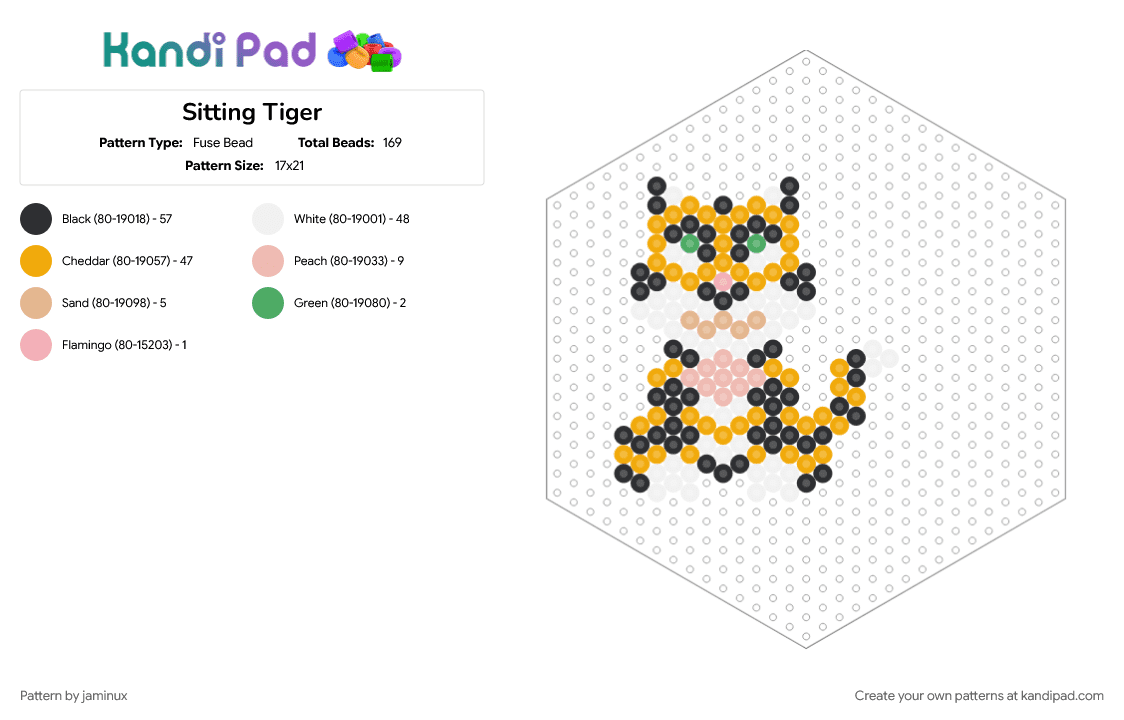 Sitting Tiger (Hexagon Board) - Fuse Bead Pattern by jaminux on Kandi Pad - animal, cat, cute, fuse beads, nature, orange, perler, stripes