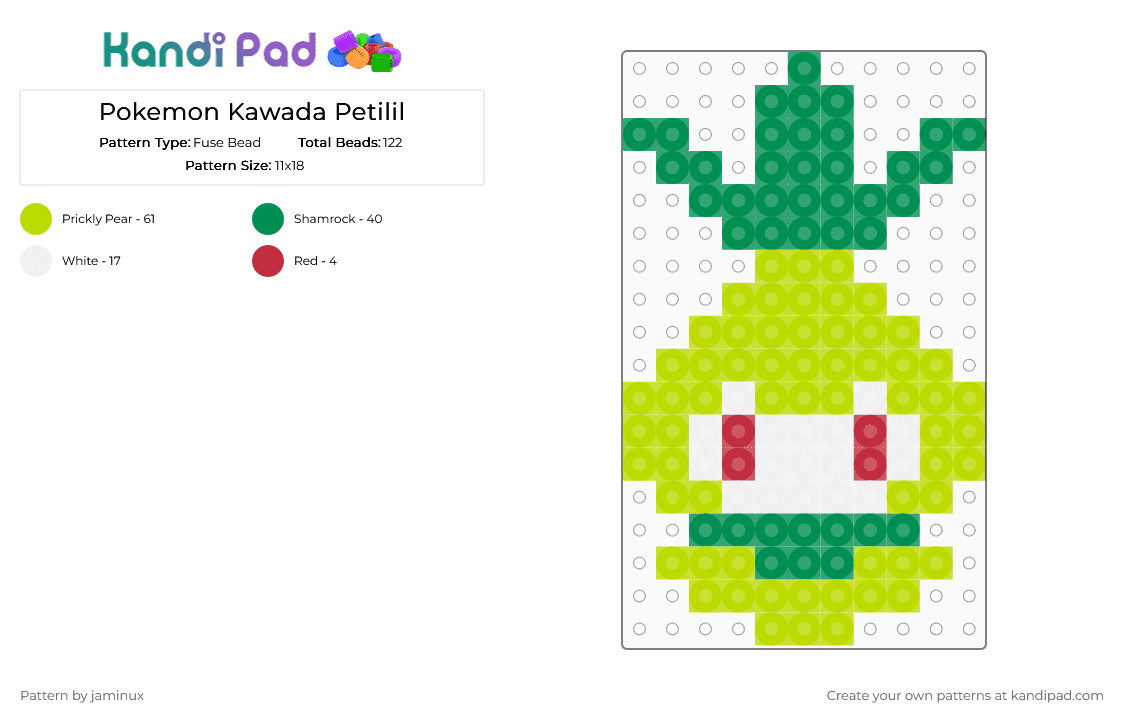 Kawada Perler Petilil - Fuse Bead Pattern by jaminux on Kandi Pad - green,pokemon,pkmn,small