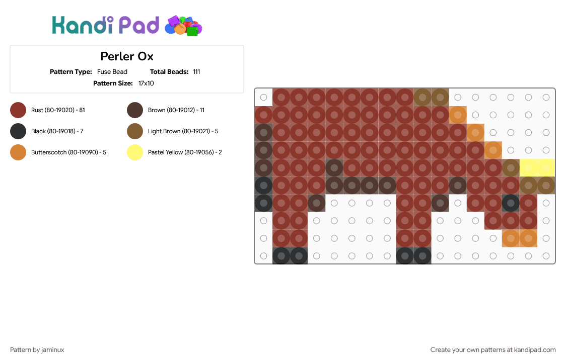 Perler Ox - Fuse Bead Pattern by jaminux on Kandi Pad - animal, brown, cattle, farm, fuse beads, nativity, nature, red, small