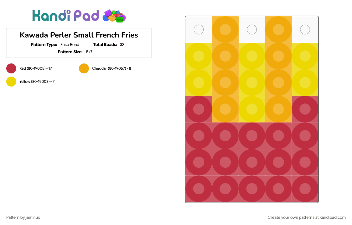 Kawada Perler Small French Fries - Fuse Bead Pattern by jaminux on Kandi Pad - easy, food, red, small, tiny