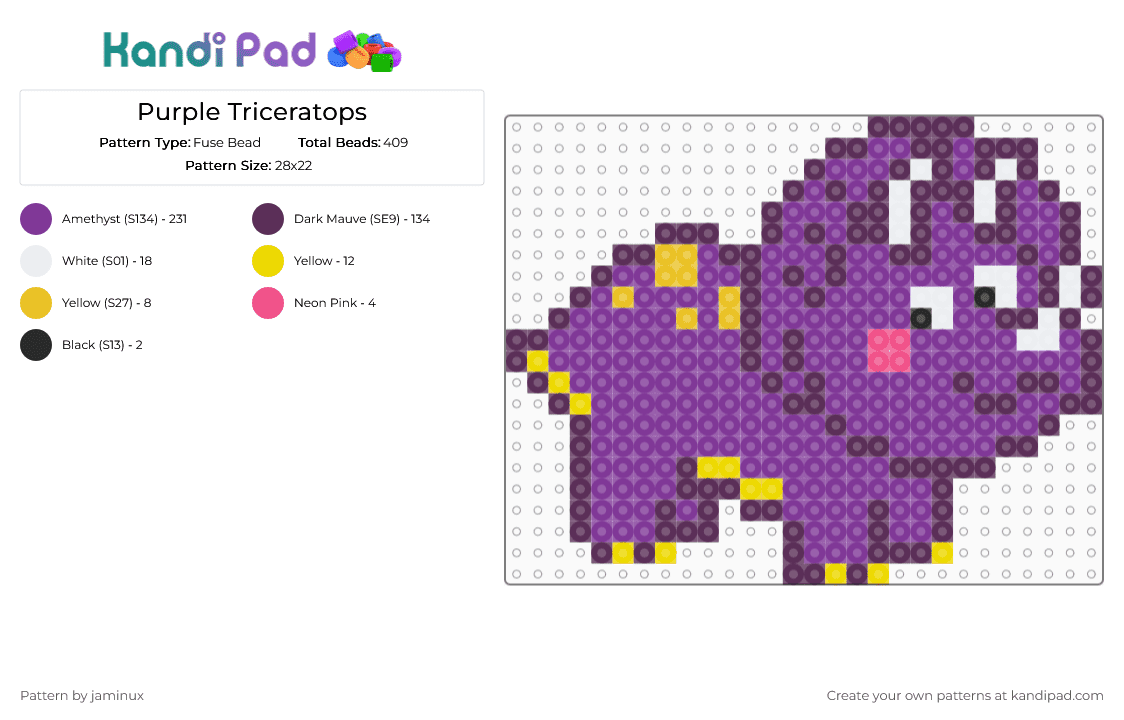 Purple Triceratops - Fuse Bead Pattern by jaminux on Kandi Pad - dino, dinos, dinosaur, pink