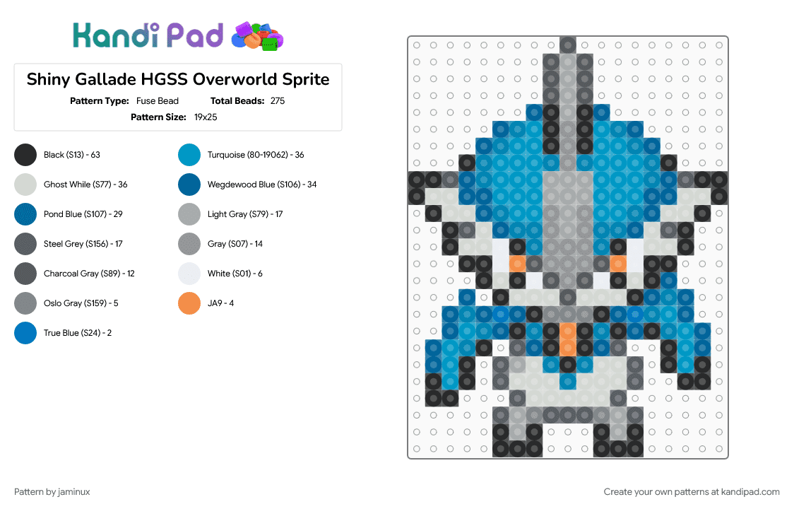 Shiny Gallade HGSS Overworld Sprite - Fuse Bead Pattern by jaminux on Kandi Pad - blue, character, fuse beads, gaming, gray, light blue, nintendo, perler, pokemon, small