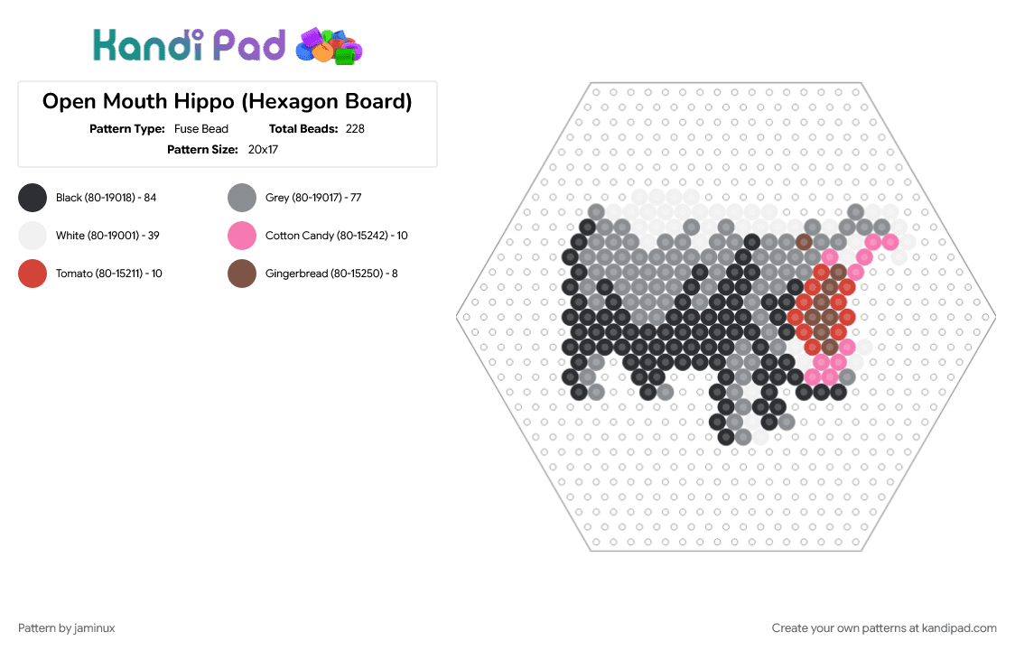 Open Mouth Hippo (Hexagon Board) - Fuse Bead Pattern by jaminux on Kandi Pad - animal, fuse beads, gray, hippopotamus, nature, perler, safari