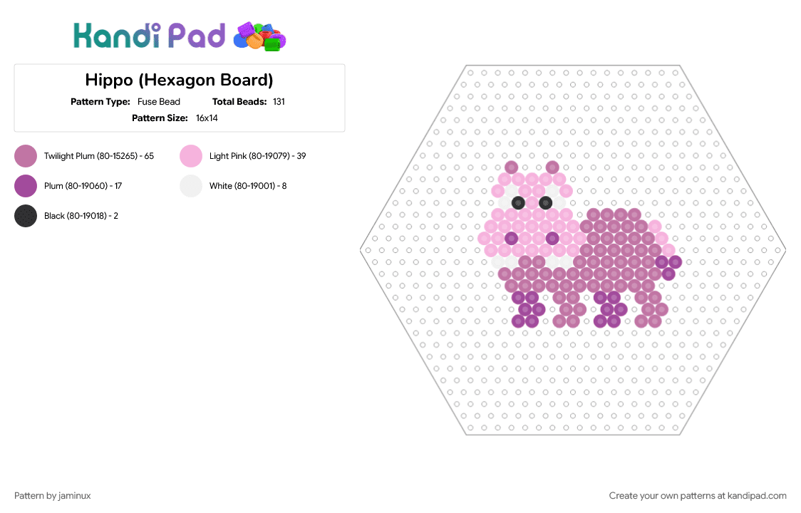 Hippo (Hexagon Board) - Fuse Bead Pattern by jaminux on Kandi Pad - animal, fuse beads, hippopotamus, nature, perler, pink, purple