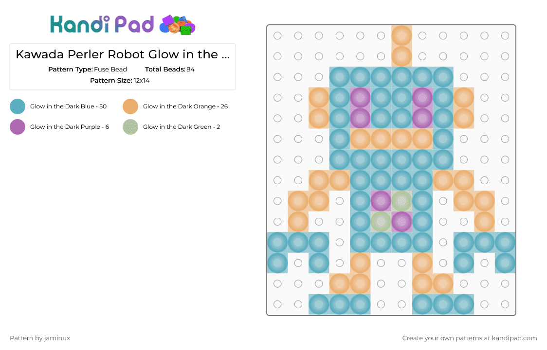 Kawada Perler Robot Glow in the Dark - Fuse Bead Pattern by jaminux on Kandi Pad - light blue,orange,small,tiny