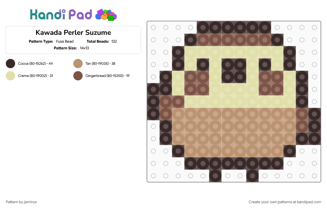 Kawada Perler Suzume - Fuse Bead Pattern by jaminux on Kandi Pad - beige, brown, character, fuse bead, kawaii, pastel, san x, small, sumikko gurashi