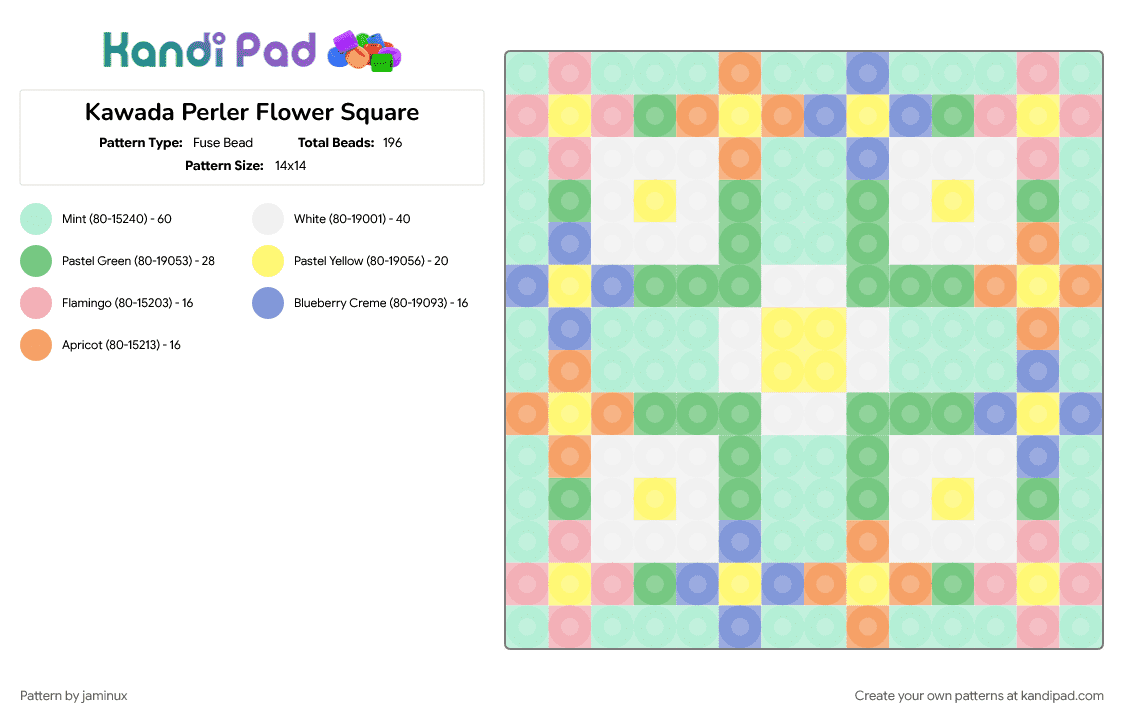 Kawada Perler Flower Square - Fuse Bead Pattern by jaminux on Kandi Pad - geometric, green, light blue, nature, pastel, small