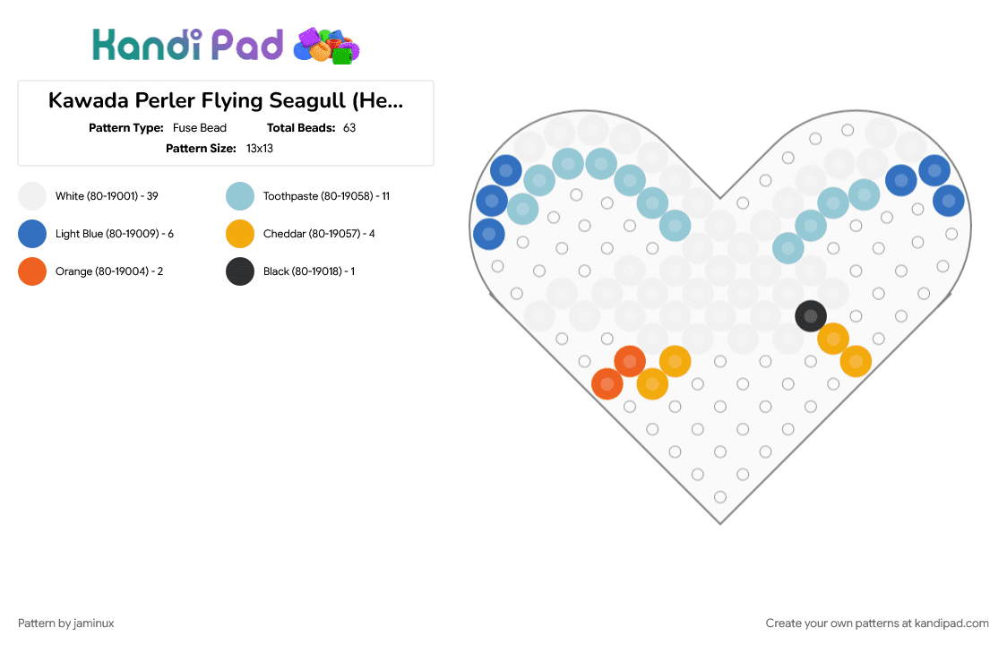 Kawada Perler Flying Seagull (Heart Pegboard) - Fuse Bead Pattern by jaminux on Kandi Pad - animal, bird, light blue, nature, small, white
