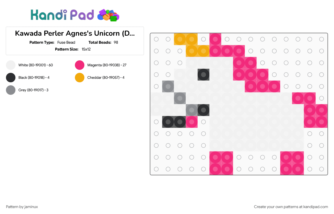 Kawada Perler Agnes\'s Unicorn (Despicable Me) - Fuse Bead Pattern by jaminux on Kandi Pad - character, cute, movie, pink, small, white