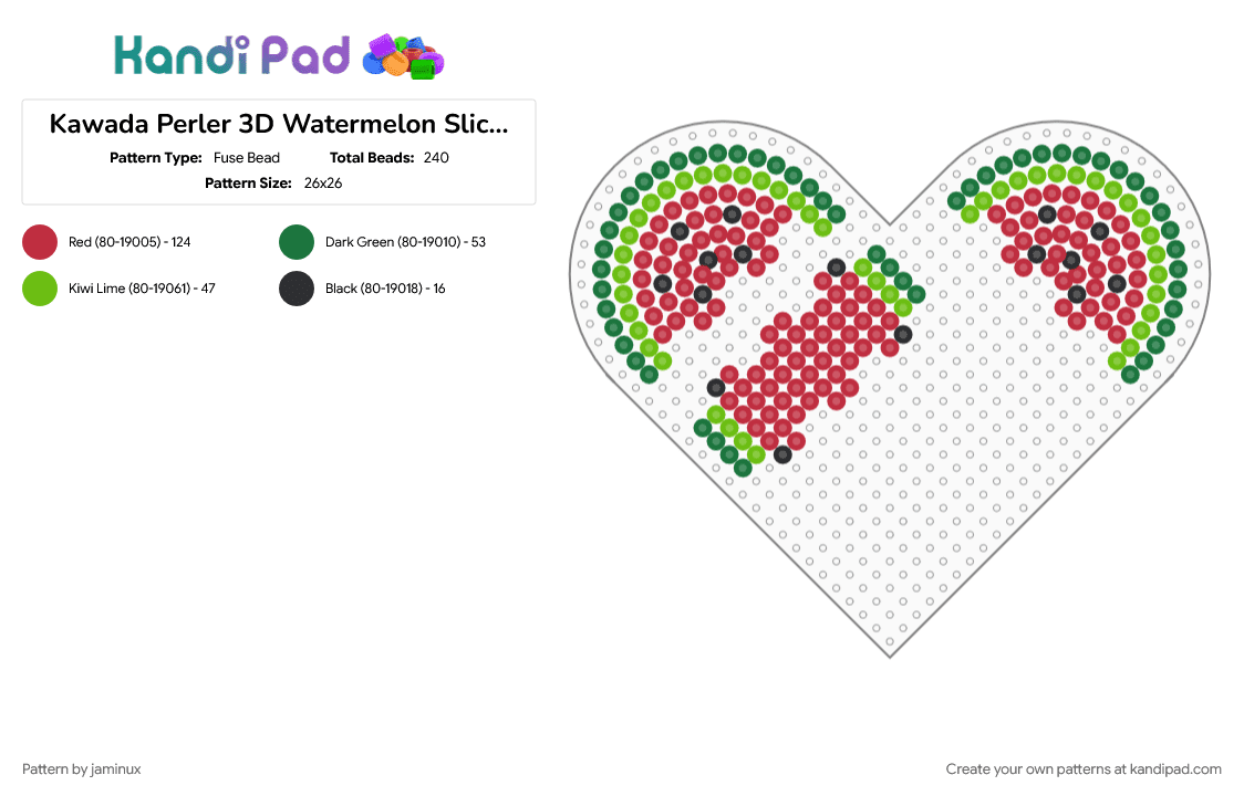 Kawada Perler 3D Watermelon Slice (Heart Pegboard) - Fuse Bead Pattern by jaminux on Kandi Pad - food, fruit, fuse beads, green, melon, palestine, red