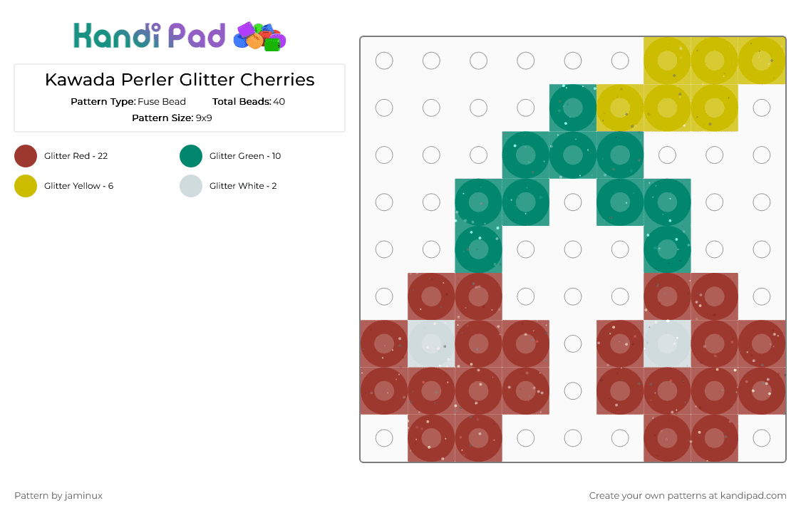 Kawada Perler Glitter Cherries - Fuse Bead Pattern by jaminux on Kandi Pad - red,cotdberries,cherry,fruit,food,small,tiny