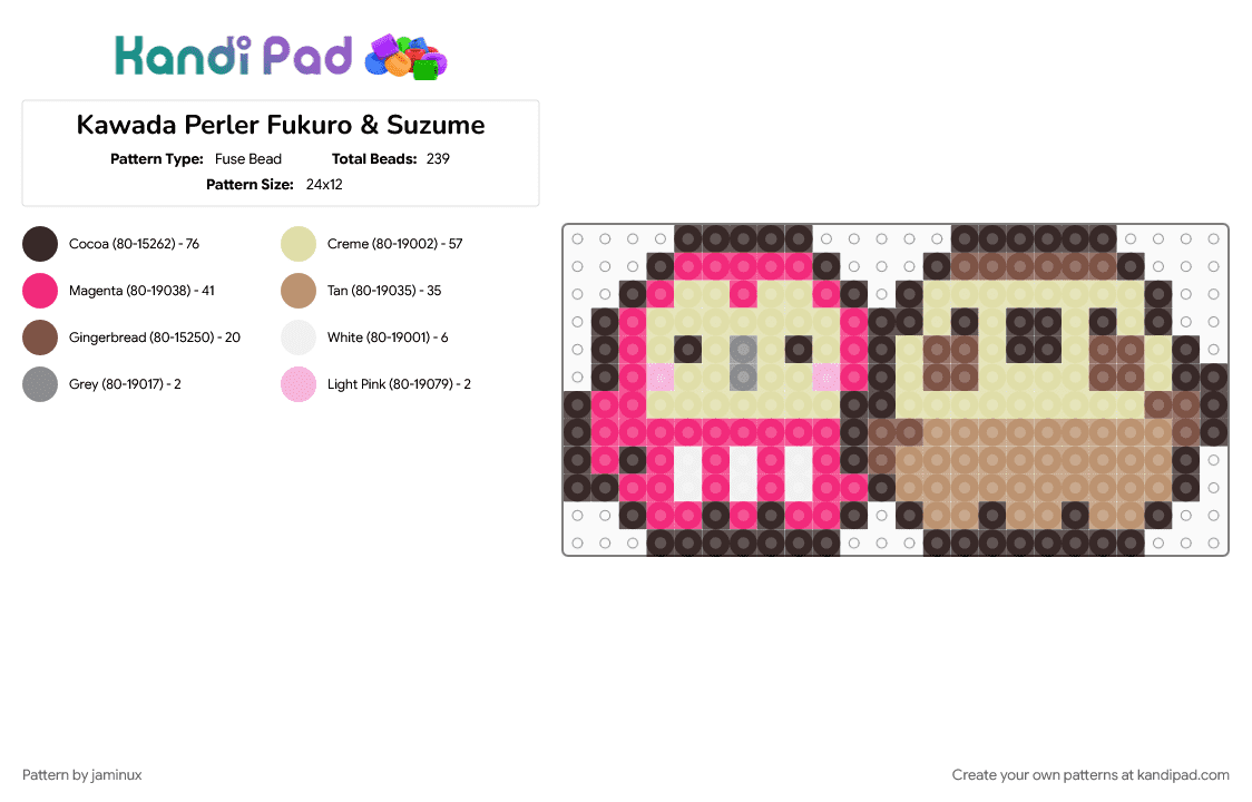 Kawada Perler Fukuro & Suzume - Fuse Bead Pattern by jaminux on Kandi Pad - bird, brown, character, fuse bead, kawaii, pastel, pink, san x, small, sumikko gurashi, yellow