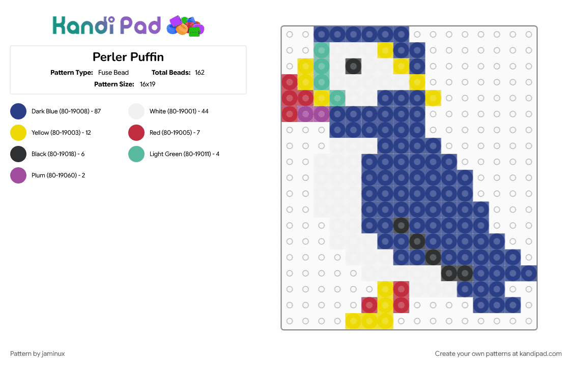 Perler Puffin - Fuse Bead Pattern by jaminux on Kandi Pad - animal, bird, blue, colorful, colourful, cute, fuse beads, nature