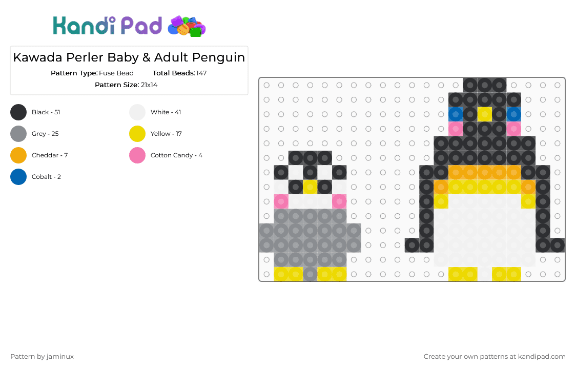Kawada Perler Baby & Adult Penguin - Fuse Bead Pattern by jaminux on Kandi Pad - white,yellow,gray,bird,animal,emperor penguin,king penguin,nature