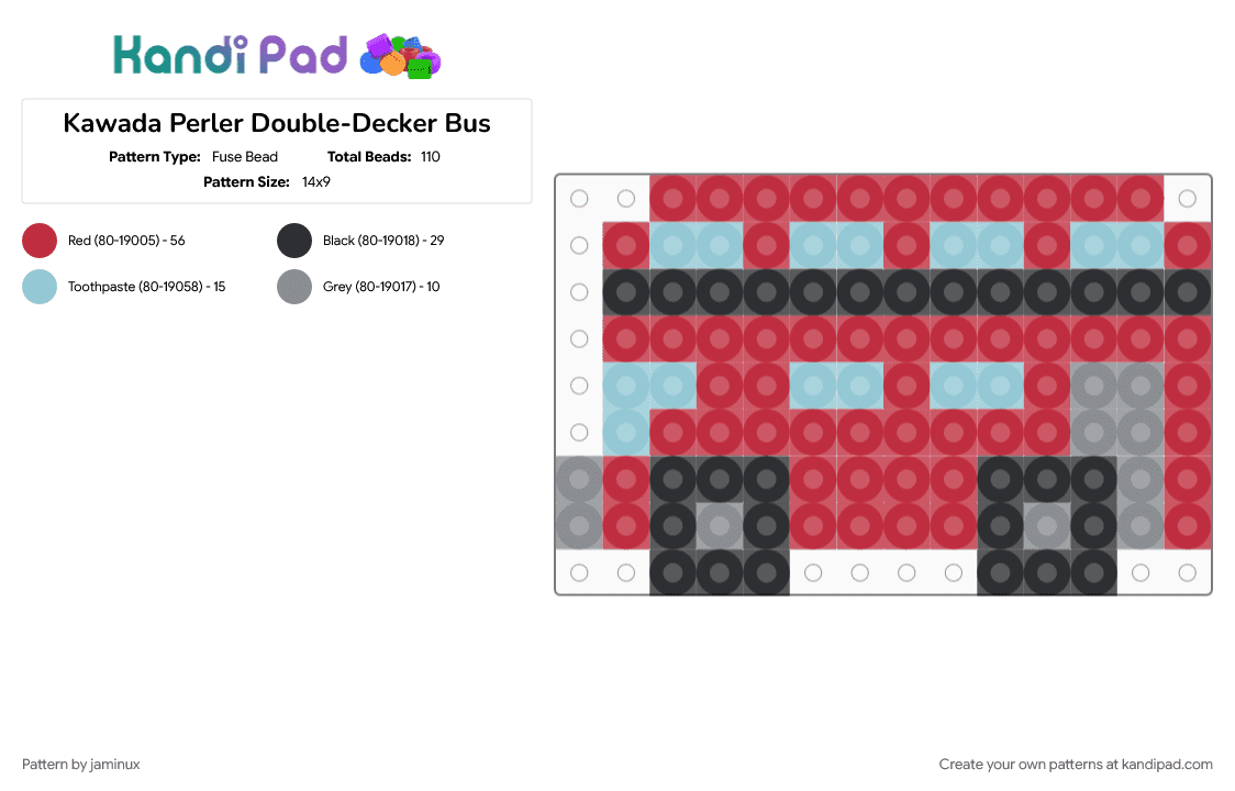 Kawada Perler Double-Decker Bus - Fuse Bead Pattern by jaminux on Kandi Pad - city, london, red, small, tiny