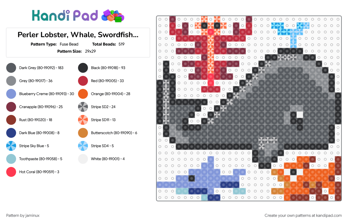 Perler Lobster, Whale, Swordfish, & Piranha - Fuse Bead Pattern by jaminux on Kandi Pad - aquatic, blue, fish, fuse beads, gray, orange, sea life, small