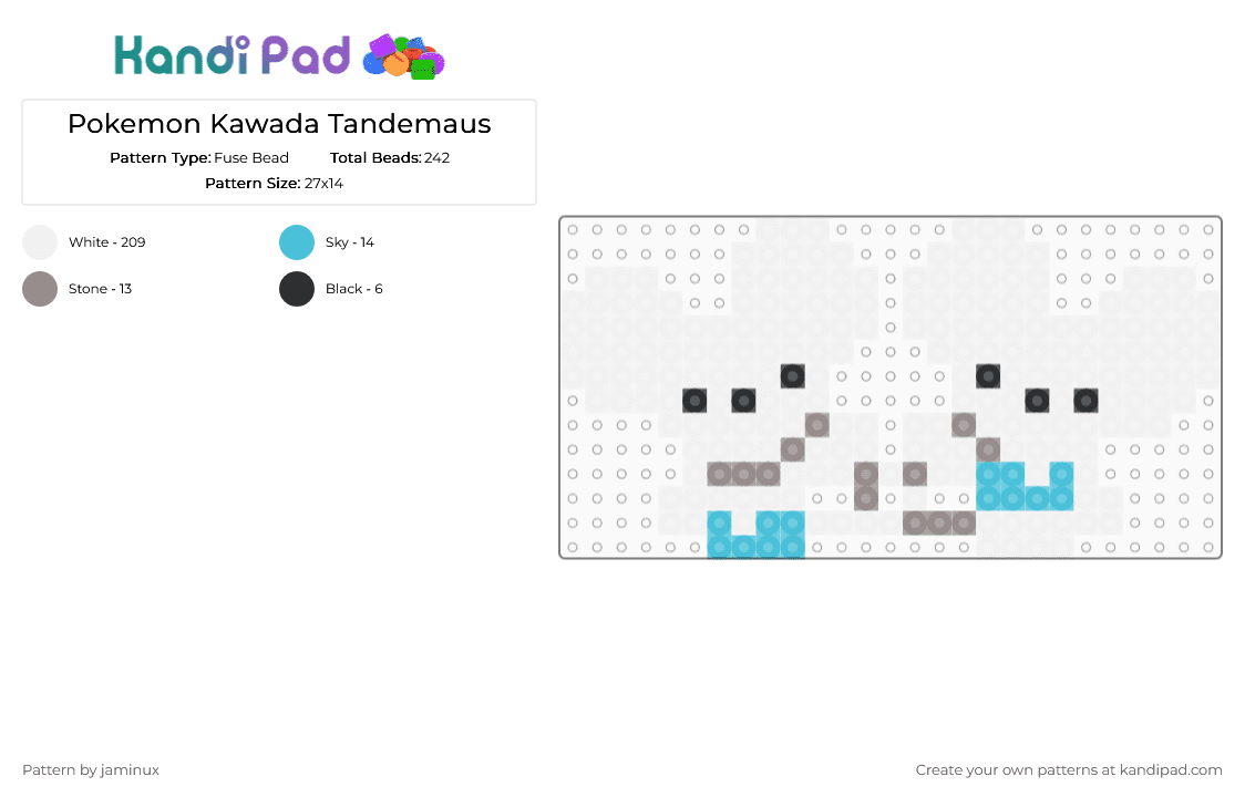 Kawada Perler Tandemaus - Fuse Bead Pattern by jaminux on Kandi Pad - white,gray,light blue,pokemon,pkmn,small