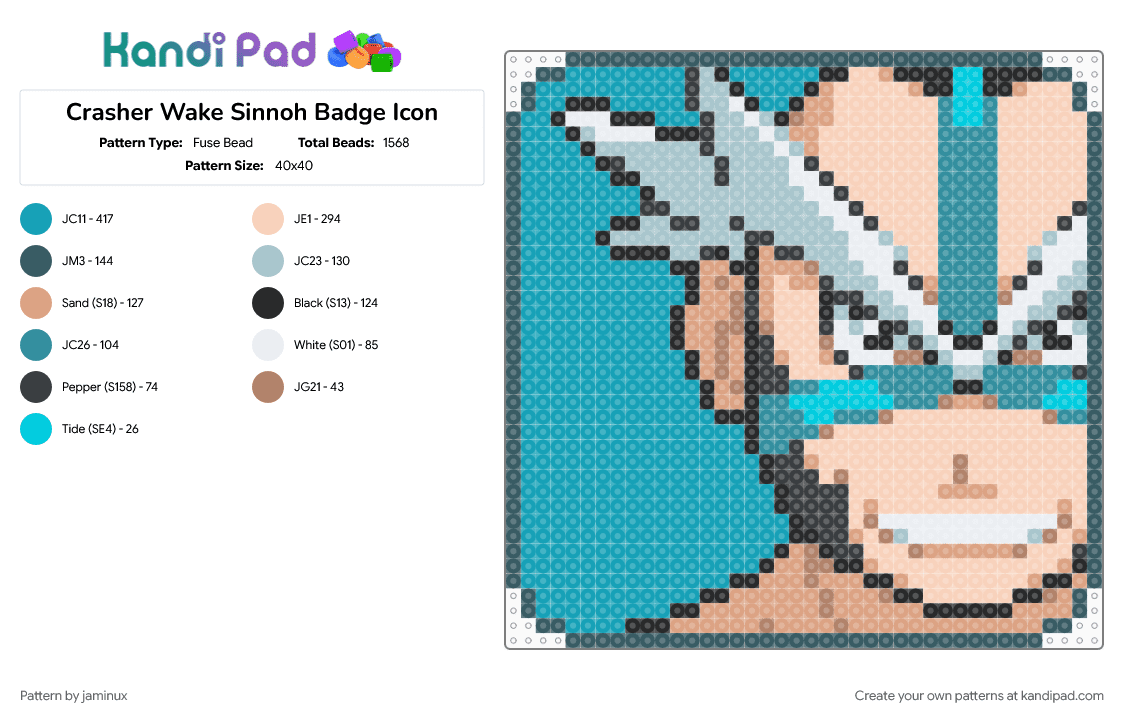 Crasher Wake Sinnoh Badge Icon - Fuse Bead Pattern by jaminux on Kandi Pad - beige, blue, character, fuse beads, gaming, nintendo, perler, pkmn, pokemon, teal