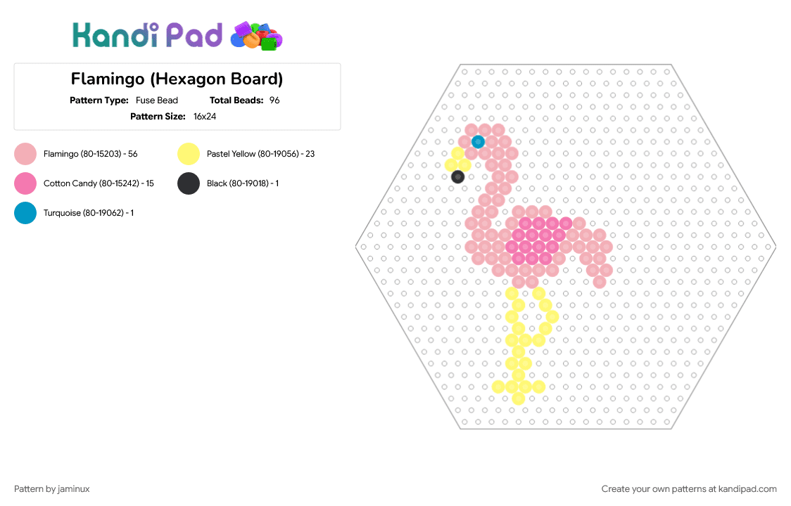 Flamingo (Hexagon Board) - Fuse Bead Pattern by jaminux on Kandi Pad - animal, beige, bird, fuse beads, nature, perler, pink, tropical, yellow