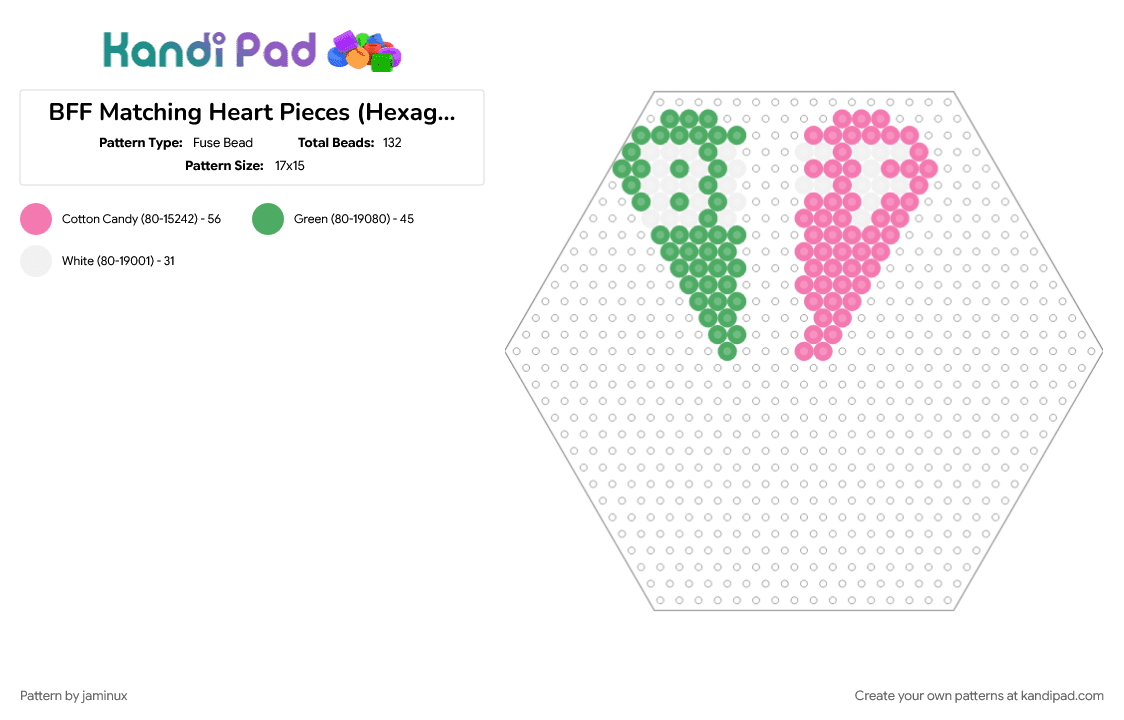 BFF Matching Heart Pieces (Hexagon Board) - Fuse Bead Pattern by jaminux on Kandi Pad - charm, easy, friends, fuse beads, green, love, perler, pink