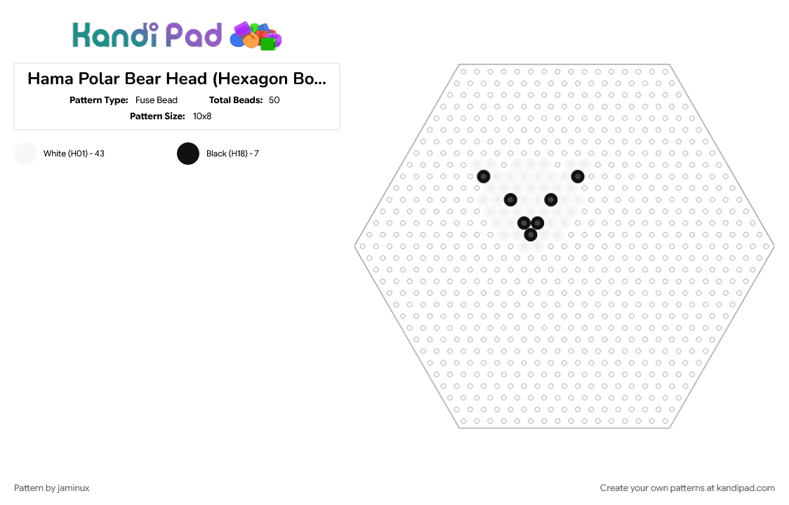 Hama Polar Bear Head (Hexagon Board) - Fuse Bead Pattern by jaminux on Kandi Pad - animal, arctic, easy, fuse bead, nature, perler, simple, white