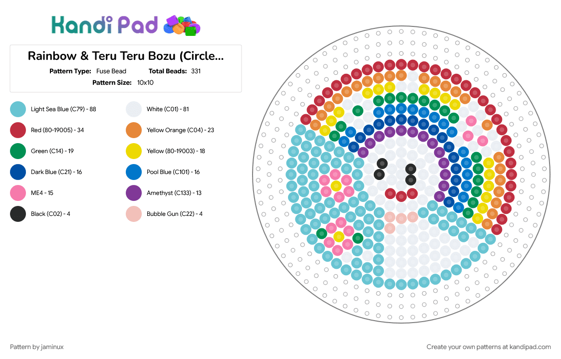 Rainbow & Teru Teru Bozu (Circle Board) - Fuse Bead Pattern by jaminux on Kandi Pad - blue, fuse bead, japanese, light blue, mini fuse beads, perler, pink, rain, red, round, small, spring