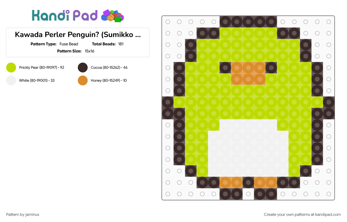 Kawada Perler Penguin? (Sumikko Gurashi) - Fuse Bead Pattern by jaminux on Kandi Pad - bird, character, fuse bead, green, kawaii, pastel, san x, small