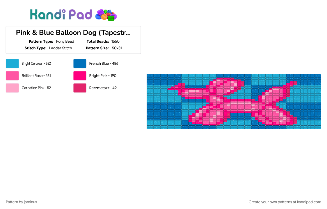 Pink & Blue Balloon Dog (Tapestry Ver.) - Pony Bead Pattern by jaminux on Kandi Pad - clowncore, colorful, cute, decor, glitter, ladder stitch, light blue, pink, pony beads, wall art