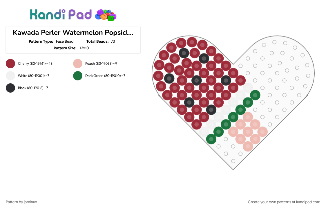 Kawada Perler Watermelon Popsicle (Heart Pegboard) - Fuse Bead Pattern by jaminux on Kandi Pad - dessert, food, ice cream, ice lolly, ice pop, red, small, sweets