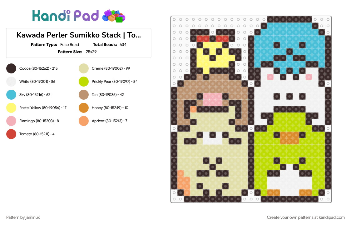 Kawada Perler Sumikko Stack | Tokage, Tonkatsu, Shirokuma, Penguin?, Neko, Ebifurai no Shippo - Fuse Bead Pattern by jaminux on Kandi Pad - brown, character, cute, fuse bead, green, kawaii, pastel, san x, sumikko gurashi, yellow