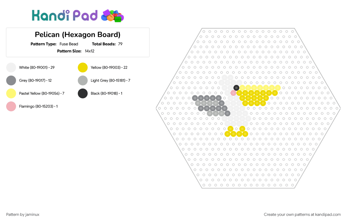 Pelican (Hexagon Board) - Fuse Bead Pattern by jaminux on Kandi Pad - animal, bird, fuse beads, nature, perler, small, white, yellow