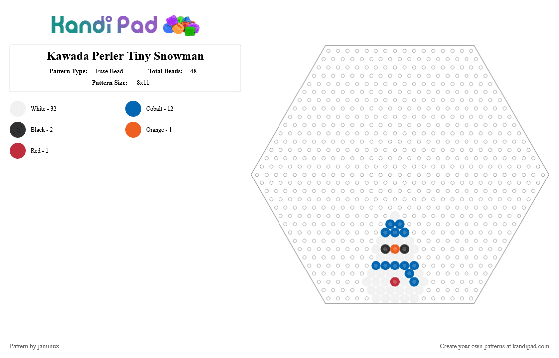 Kawada Perler Tiny Snowman (Hexagon) - Fuse Bead Pattern by jaminux on Kandi Pad - white,blue,snow,winter,small,mini