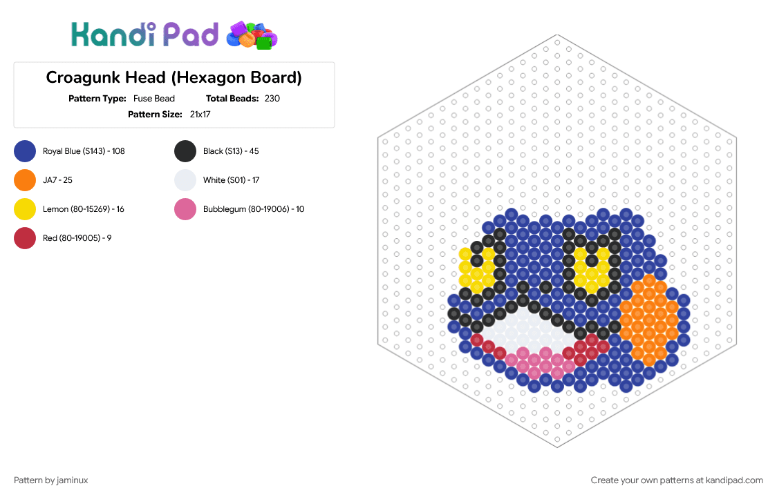 Croagunk Head (Hexagon Board) - Fuse Bead Pattern by jaminux on Kandi Pad - blue, character, frog, fuse bead, nintendo, perler, pokemon, purple, video game