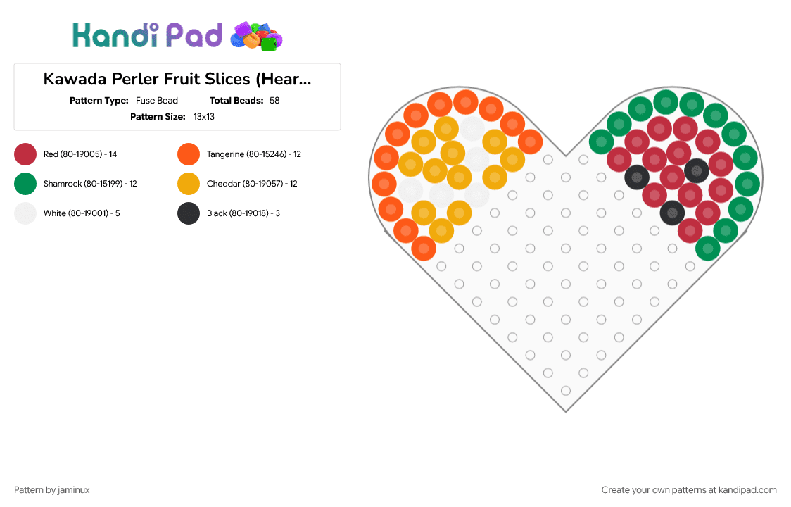 Kawada Perler Fruit Slices (Heart Pegboard) - Fuse Bead Pattern by jaminux on Kandi Pad - citrus, food, orange, palestine, red, small, tiny, watermelon
