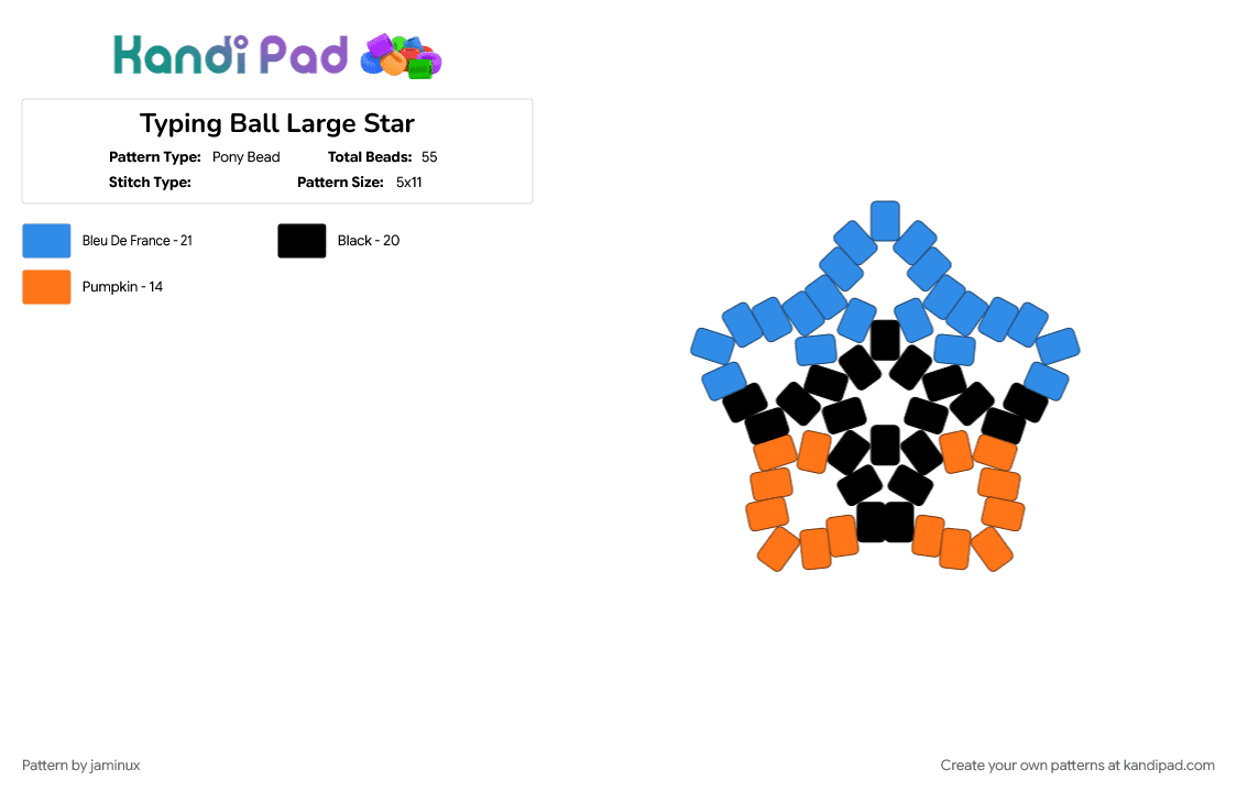 Typing Ball Large Star - Pony Bead Pattern by jaminux on Kandi Pad - beginner, blue and orange, easy, gaming, keychain, light blue, orange, poke ball, pokemon, pony beads