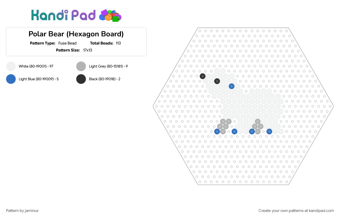 Polar Bear (Hexagon Board) - Fuse Bead Pattern by jaminux on Kandi Pad - animal, arctic, beige, blue, fuse beads, nature, perler, white