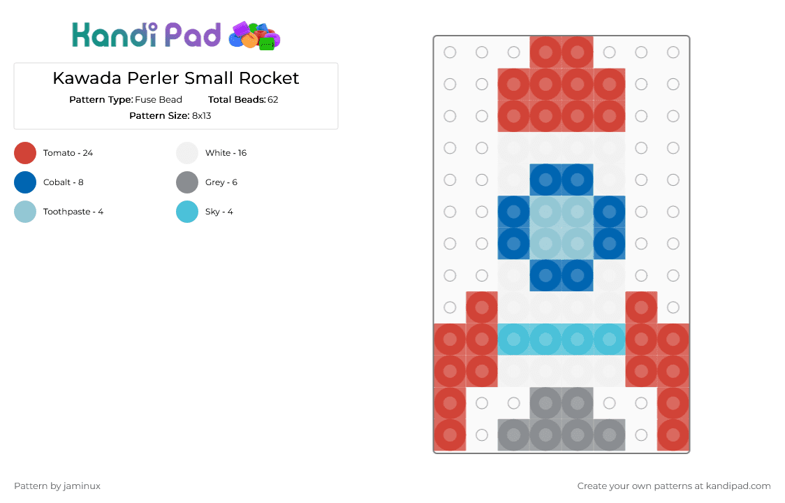 Kawada Perler Small Rocket - Fuse Bead Pattern by jaminux on Kandi Pad - red,space ship,space,white,tiny,mini