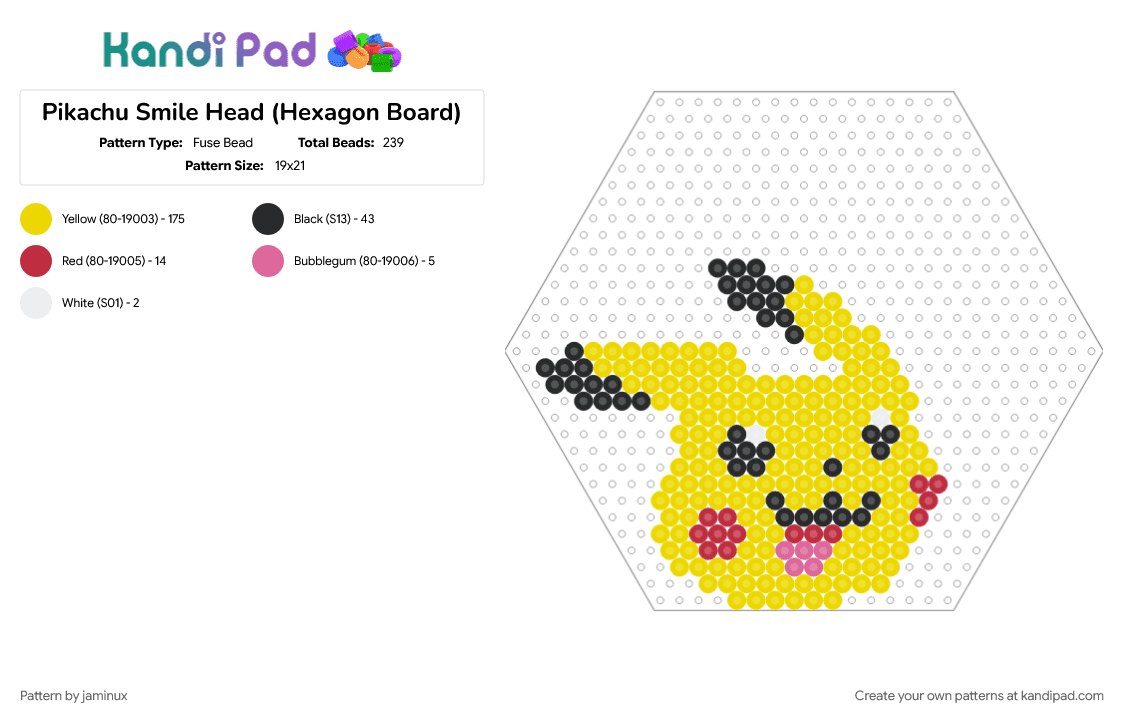 Pikachu Smile Head (Hexagon Board) - Fuse Bead Pattern by jaminux on Kandi Pad - character, fuse beads, nintendo, perler, pokemon, smiling, video game, yellow