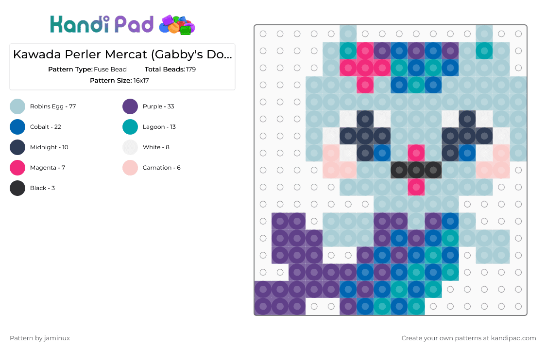 Kawada Perler Mercat (Gabby\'s Dollhouse) - Fuse Bead Pattern by jaminux on Kandi Pad - light blue,purple,small,cat,blue,mermaid