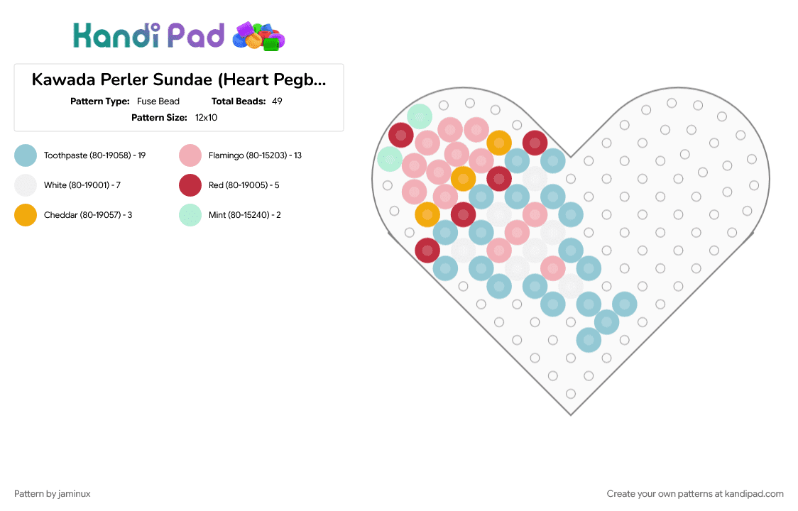 Kawada Perler Sundae (Heart Pegboard) - Fuse Bead Pattern by jaminux on Kandi Pad - beige, cute, dessert, food, ice cream, light blue, small, sweets, tiny