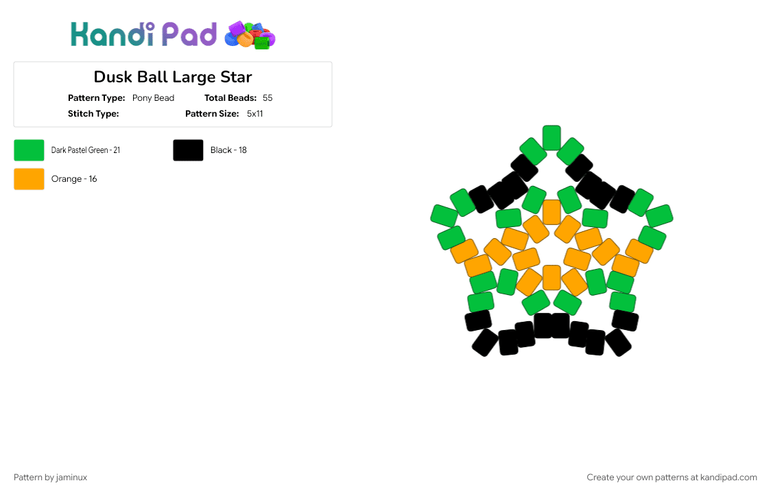 Dusk Ball Large Star - Pony Bead Pattern by jaminux on Kandi Pad - beginner, easy, gaming, green, keychain, orange, poke ball, pokemon, pony beads
