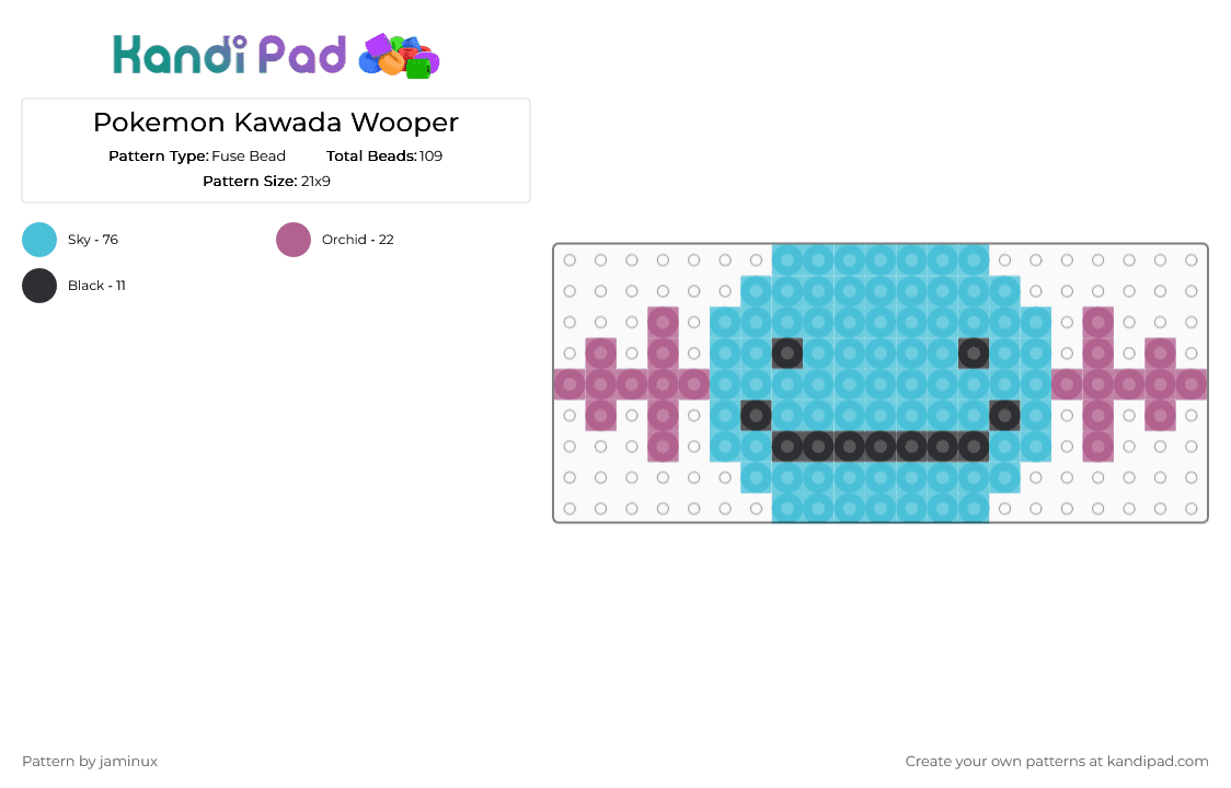 Kawada Perler Wooper - Fuse Bead Pattern by jaminux on Kandi Pad - light blue,pokemon,pkmn,small